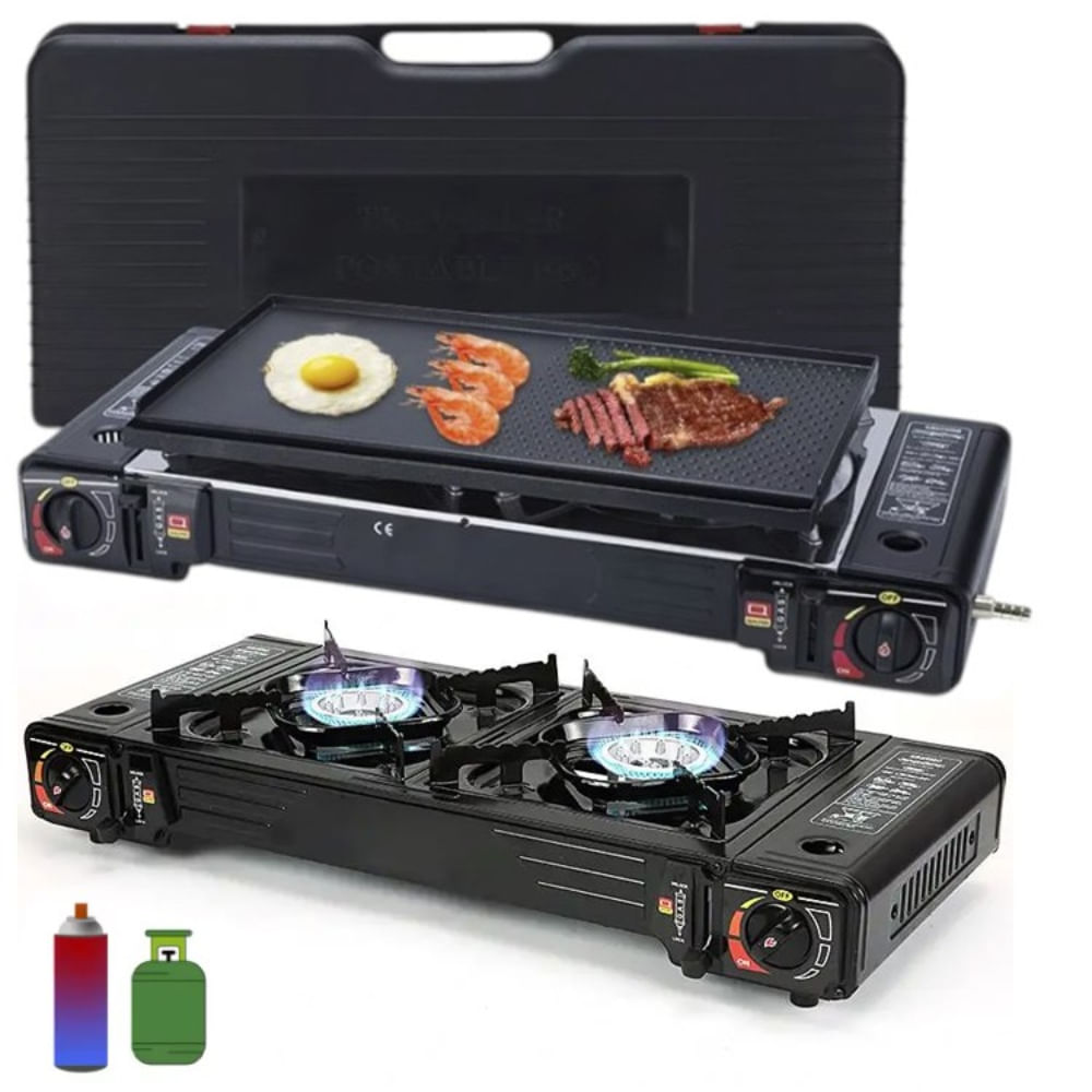 Cocina a Gas Portatil 2 Hornillas 2 en 1 con Parrilla Camp