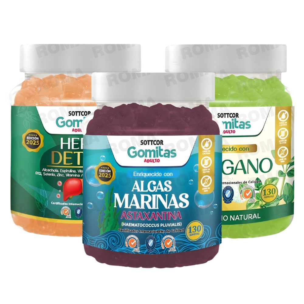PACK 3 GOMITAS HEPA DETOX + ORÉGANO + ALGAS MARINAS SOTTCOR