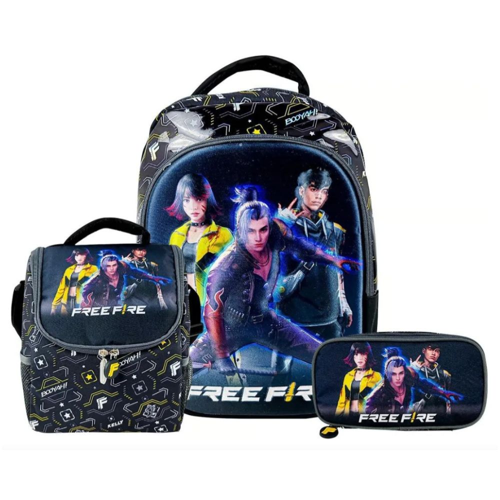 Kit Mochila Free Fire 3d Oficio Lonchera Cartuchera Negro Free Fire