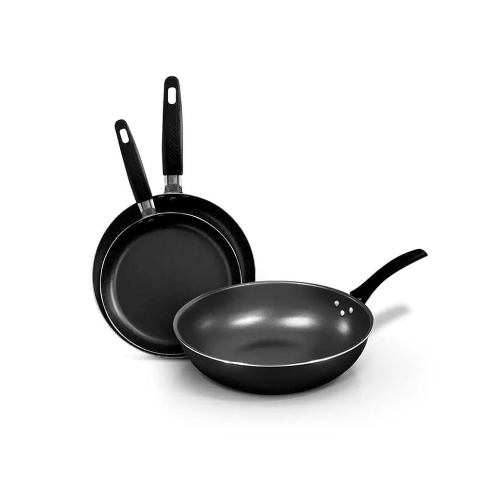 Tripack Record Wok 28+Sartén 18 y 22 Gris Antiadherente