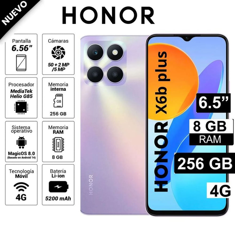 Celular Libre Honor X6B Plus 6.5 Pulg 256GB 8GB RAM Lila
