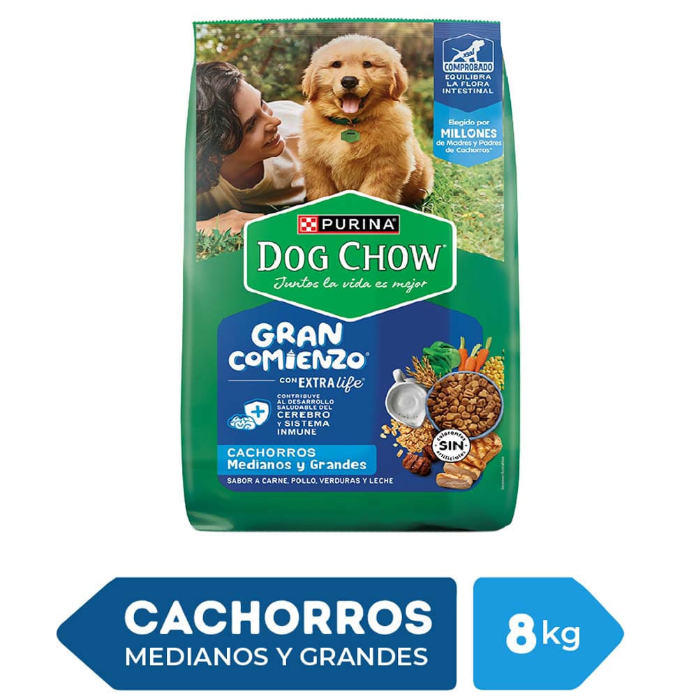 Alimento para Perro DOG CHOW Cachorro Medianos y Grandes Sabor Carne, Pollo, Verduras y Leche Bolsa 8Kg
