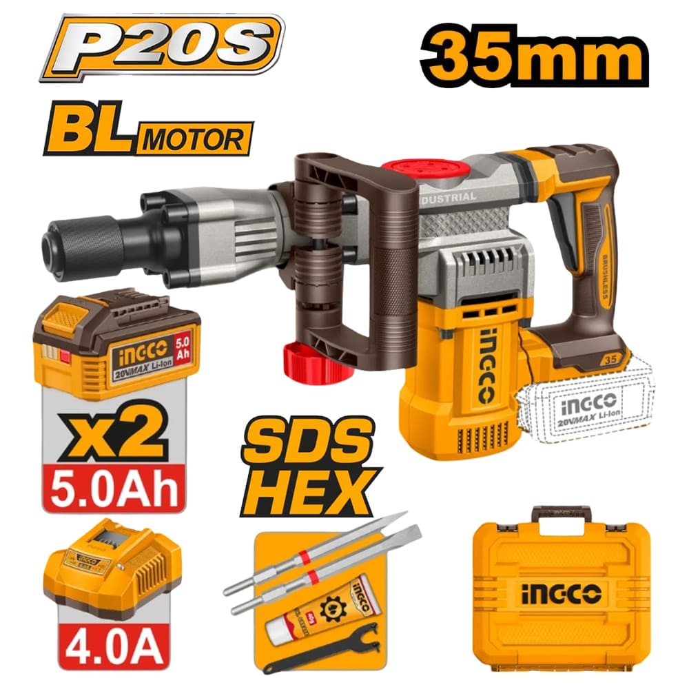 Martillo Demoledor Brushless Ingco 20V 35MM 16J SDS Hex con 2 Baterías 5.0AH CDBLI203582