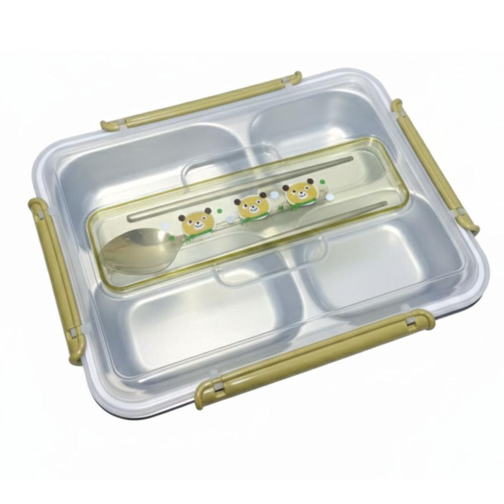 Táper con 4 Divisiones Compartimientos Cubiertos Cuchara y Palillos Lonchera Personal Verde