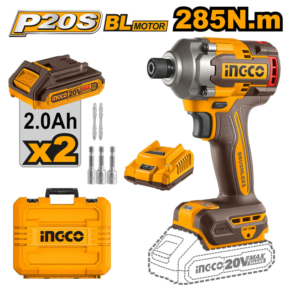 Atornillador de Impacto Brushless Ingco 20V 285NM con 2 Baterías 2.0AH CIRLI2028