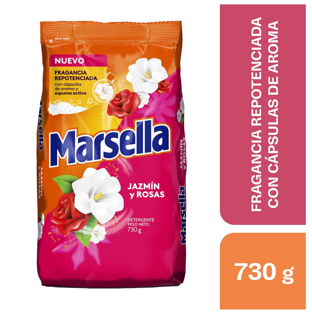 Detergente en Polvo MARSELLA Jazmín y Rosas Bolsa 730g