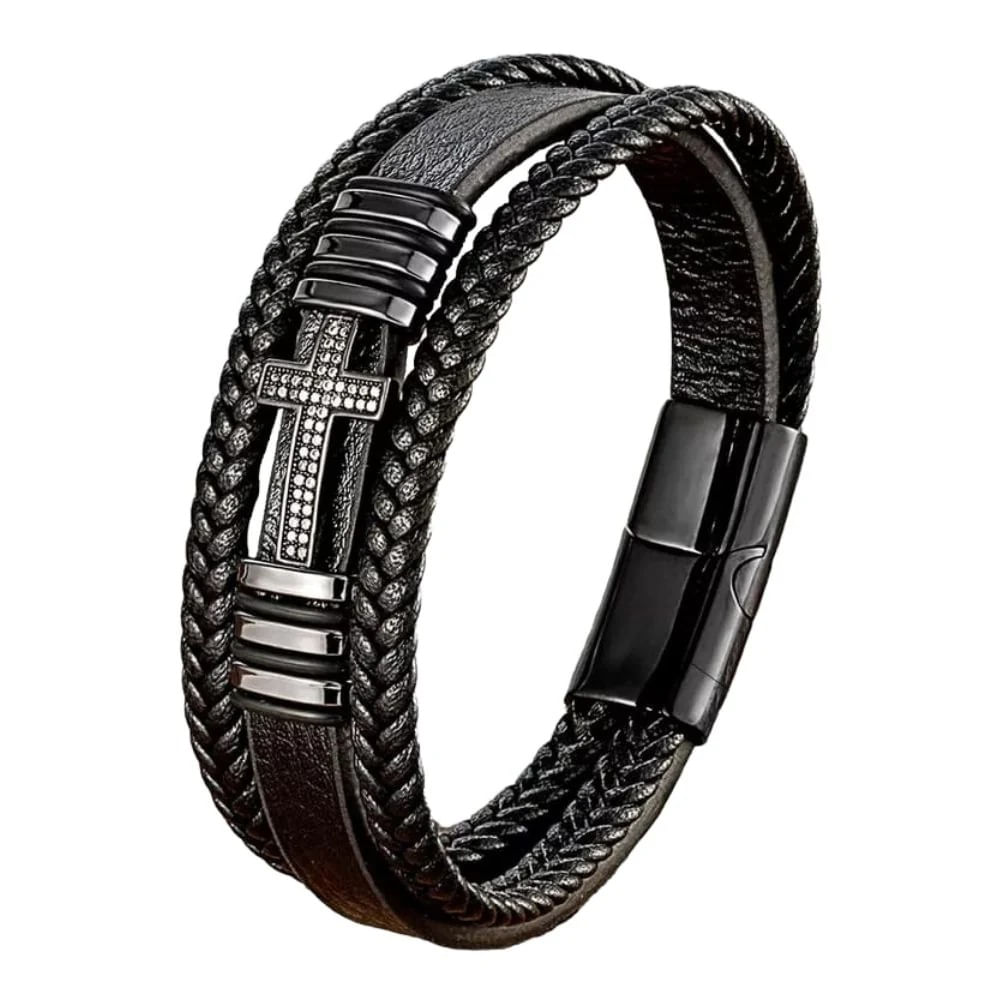 Pulsera de Cuero CRUZ NEGRA 19 cm.