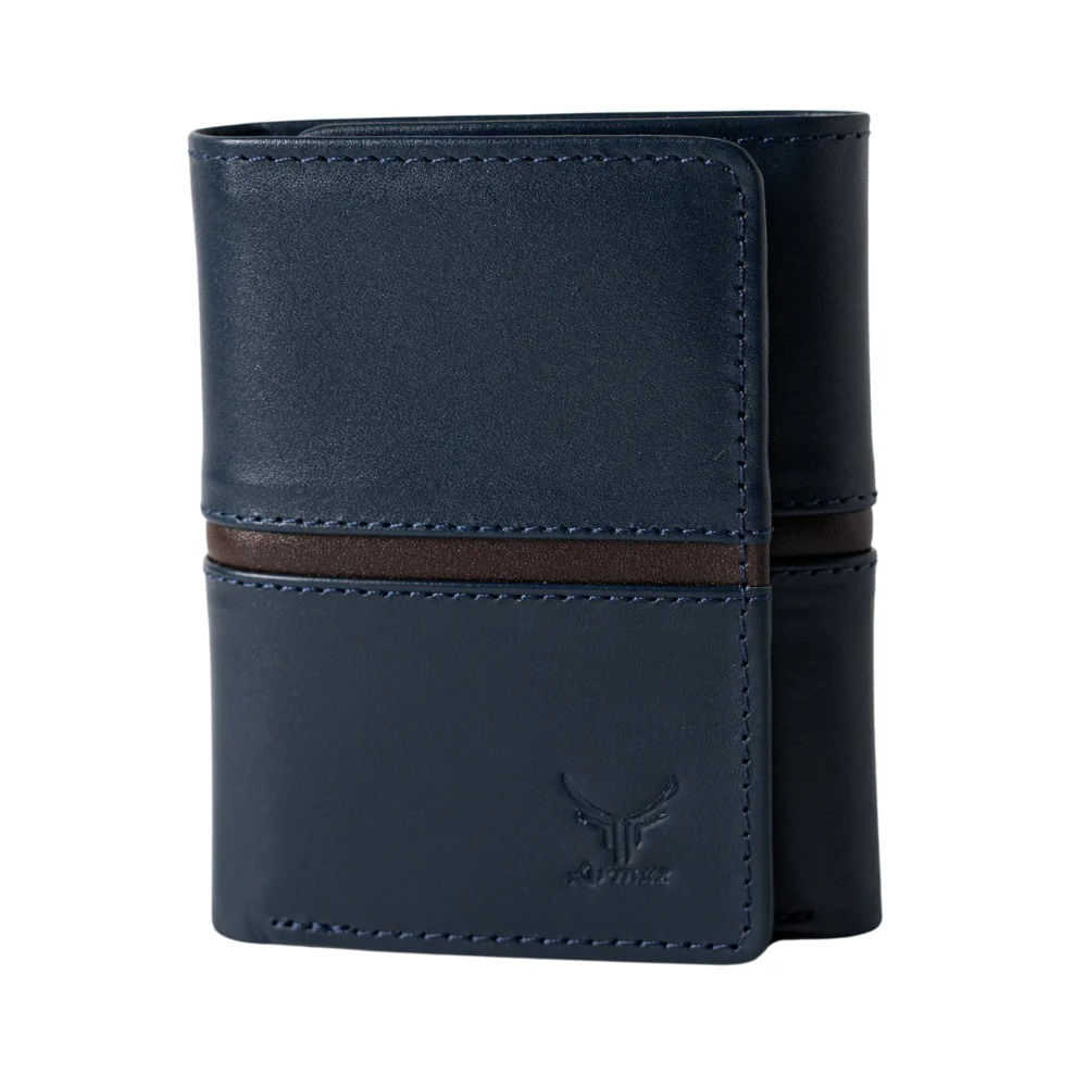 Billetera De Cuero Vacuno De Tres Cuerpos AR19 Azul Con Café