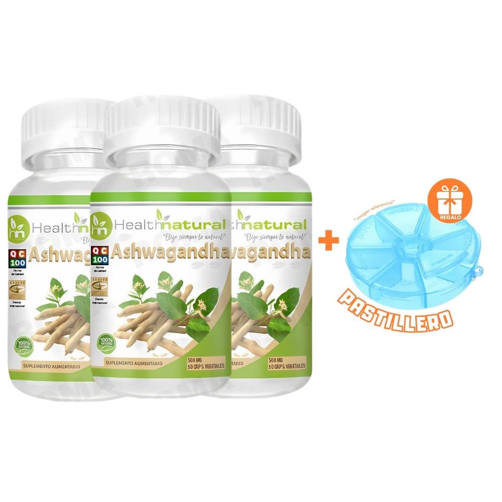 PACK 3 ASHWAGANDHA HEALTHNATURAL 1500MG + REGALO PASTILLERO