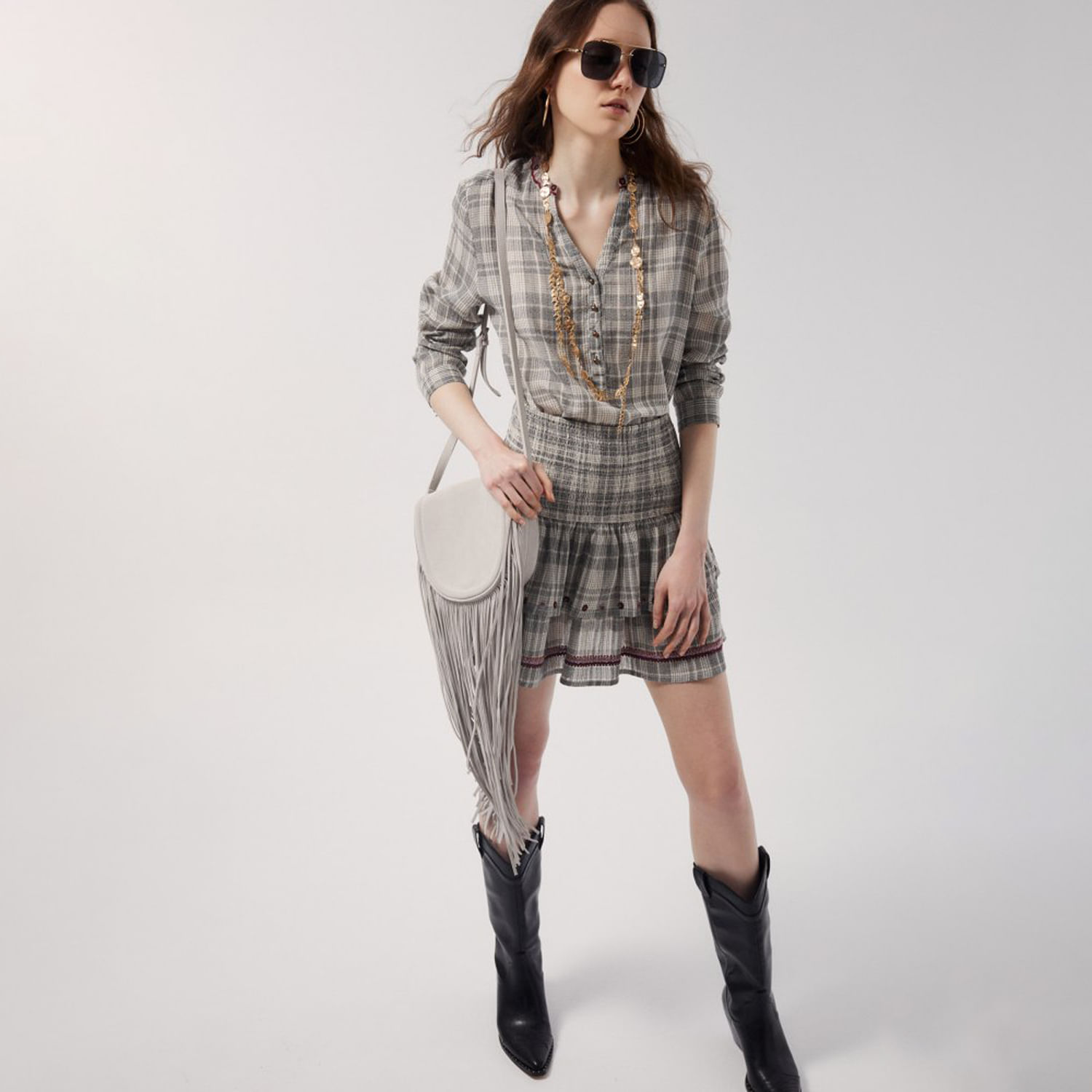 Blusa Mujer Sfera Panadera Cuadros Gris Melange