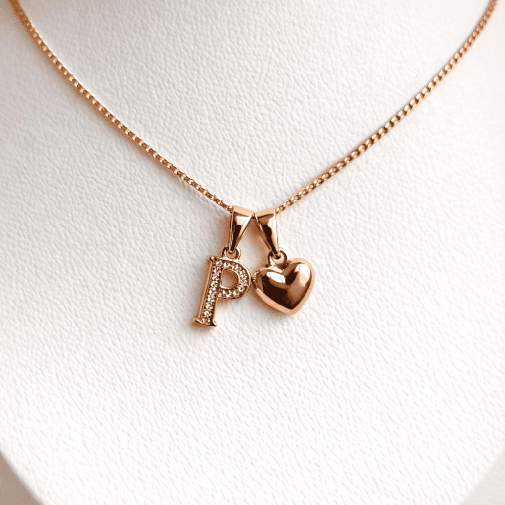COLLAR LETRA P Y CORAZON BAÑADO EN ORO ROSA 18 KILATES