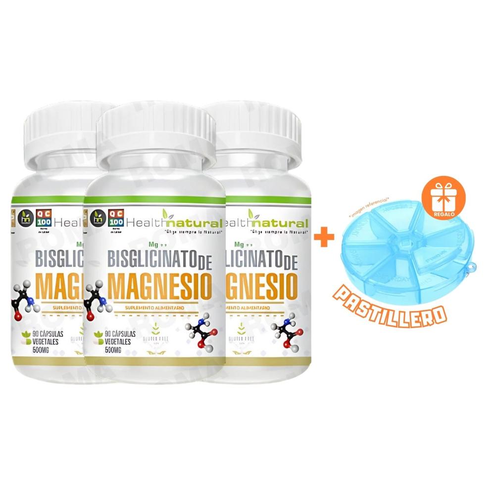 PACK 3 BISGLICINATO MAGNESIO HEALTHNATURAL 1500MG + REGALO PASTILLERO