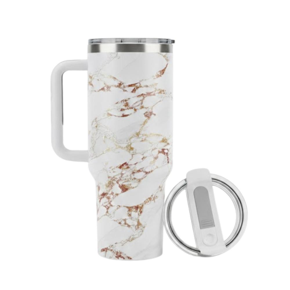 Vaso Térmico de Asa Portable Acero Inoxidable con Sorbete Pajilla Uso Diario y Personal 1 LT Marmol