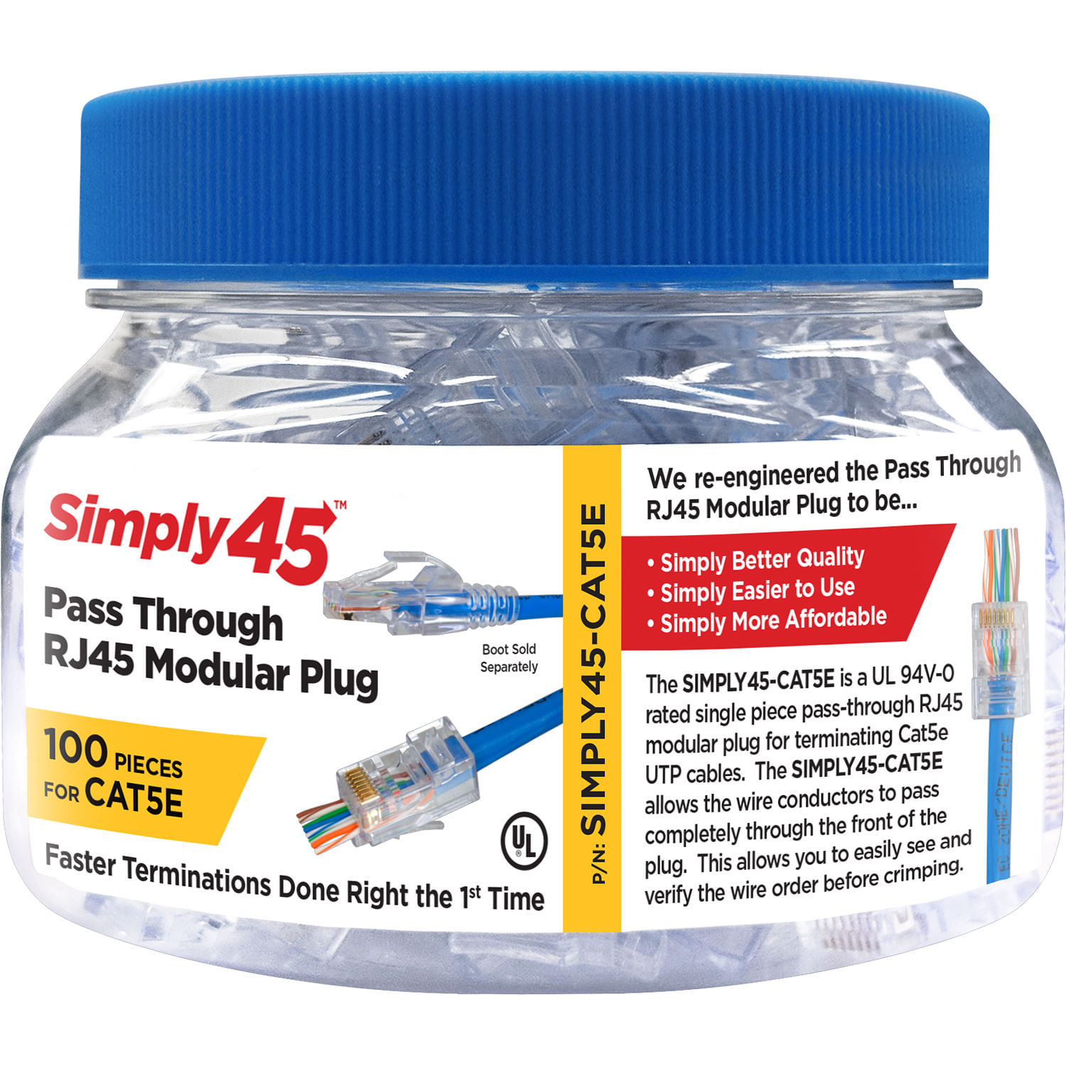 Modular Plug Rj45 Pass Through sin Blindaje Simply45 Cat 5E Utp Frasco de 100 Unidades