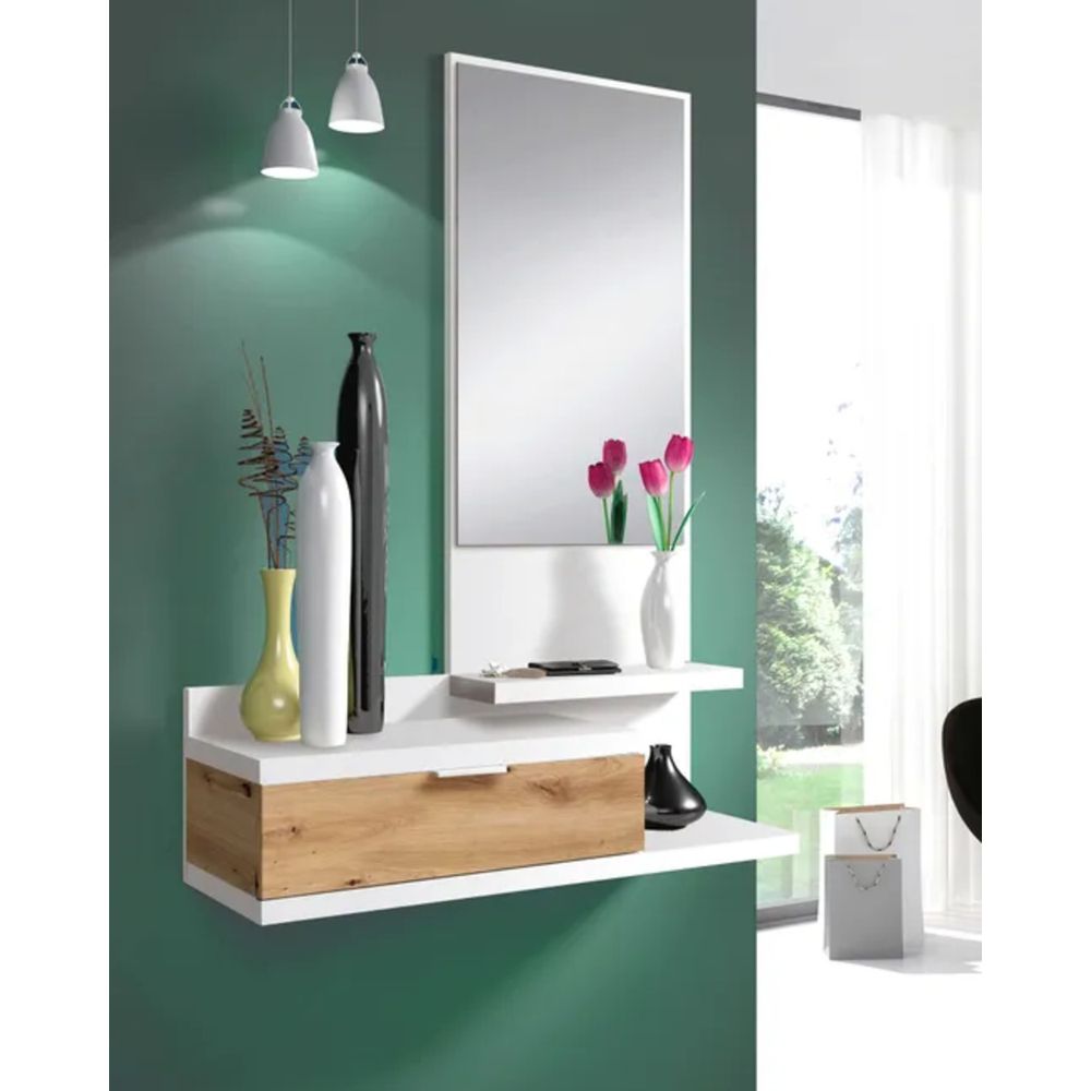 Aparador recibidor Flotante 1 cajón + espejo Alejandrina Color Blanco TU MESITA Aparador recibidor Flotante 1 cajón + espejo Alejandrina Color Blanco TU MESITA