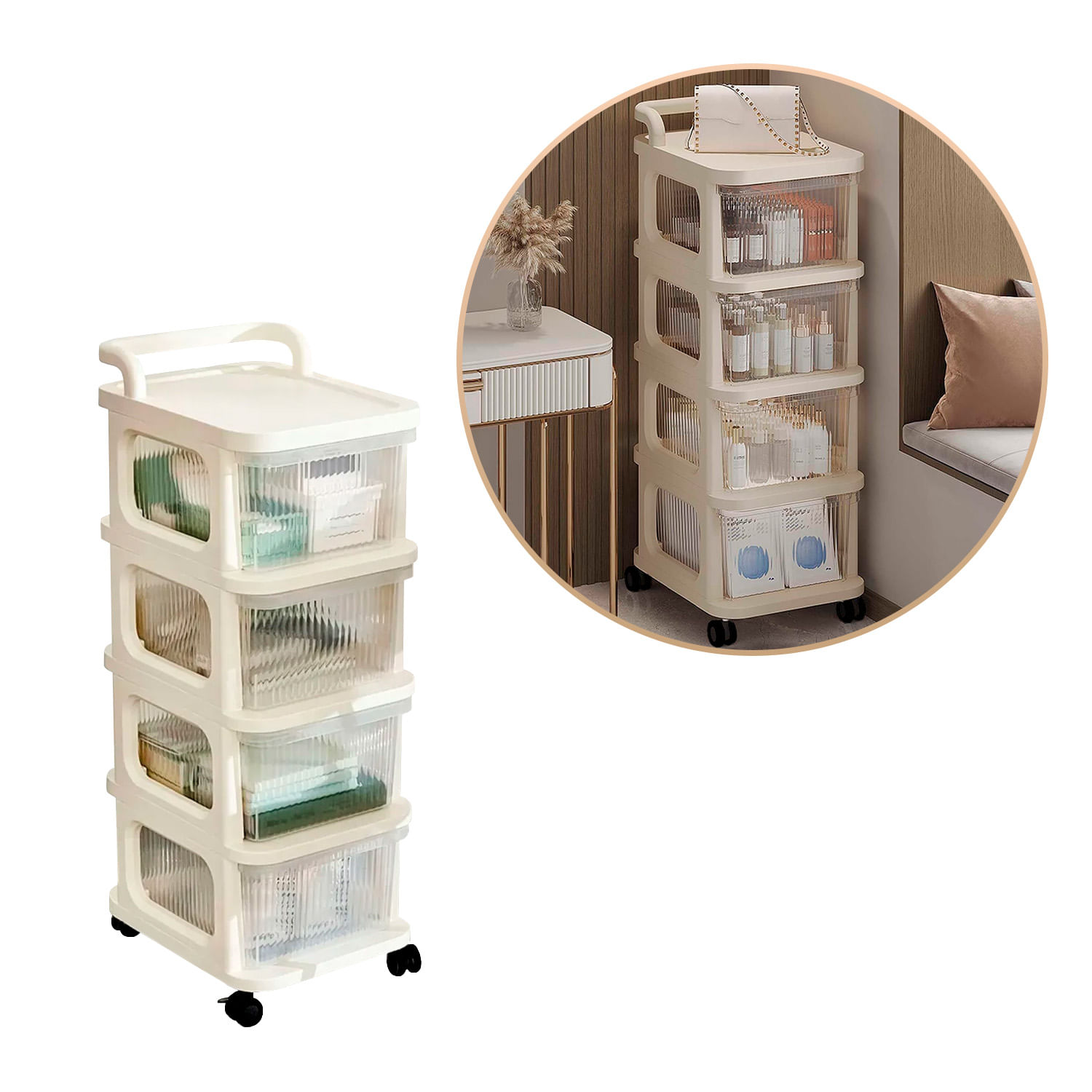 Estante 4 Niveles con Ruedas y Cajones Extraíbles