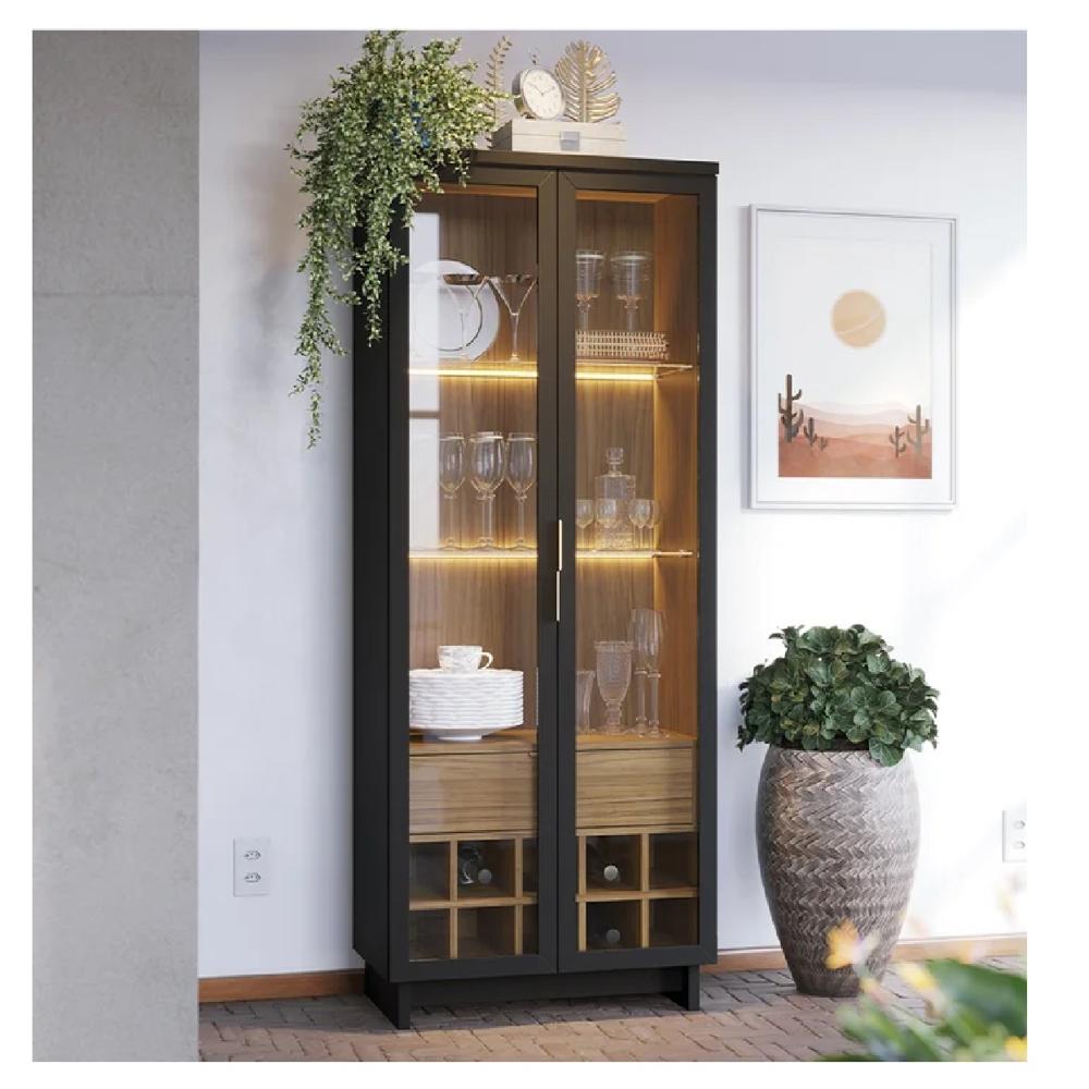 Vitrina Moderna TU MESITA Flamingo color Negro/Marrón 2 puertas 1 cajón luz LED Vitrina Moderna TU MESITA Flamingo color Negro/Marrón 2 puertas 1 cajón luz LED