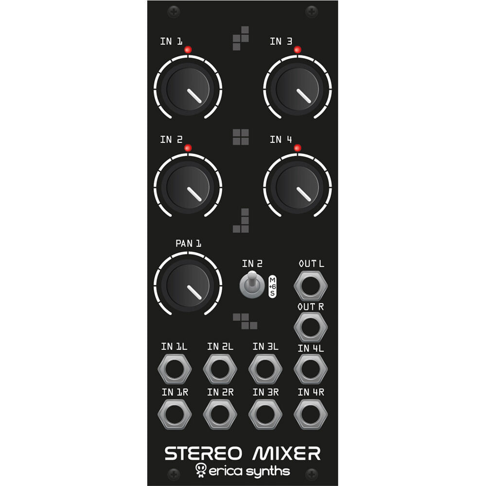 Módulo Eurorack Erica Synths Drum Stereo Mixer (10 HP) - 4 Entradas Estéreo, Panning, +6 dB Boost, I 1763516-REG Módulo Eurorack Erica Synths Drum Stereo Mixer (10 HP) - 4 Entradas Estéreo, Panning, +6 dB Boost, I 1763516-REG