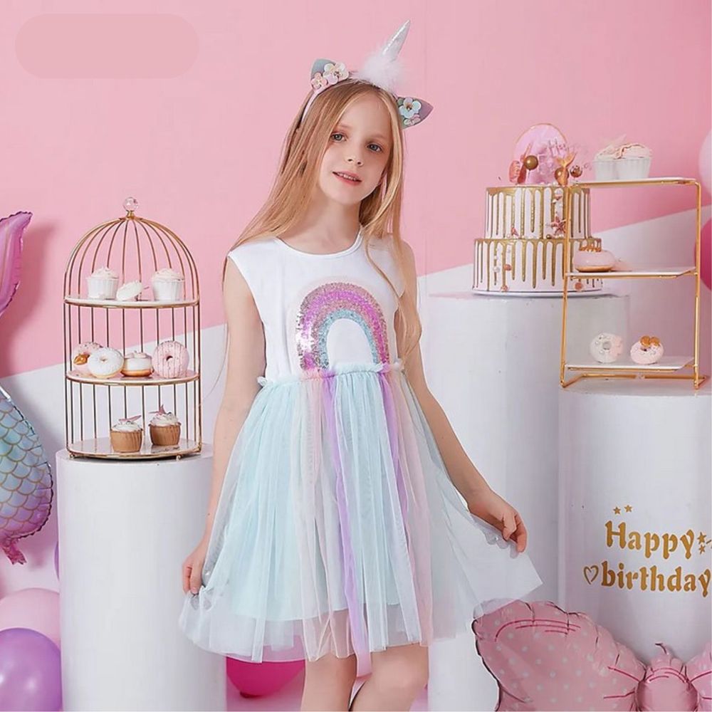 Vestido de Niña de Arcoiris Manga Corta Blanco Talla 2 Años Vestido de Niña de Arcoiris Manga Corta Blanco Talla 2 Años