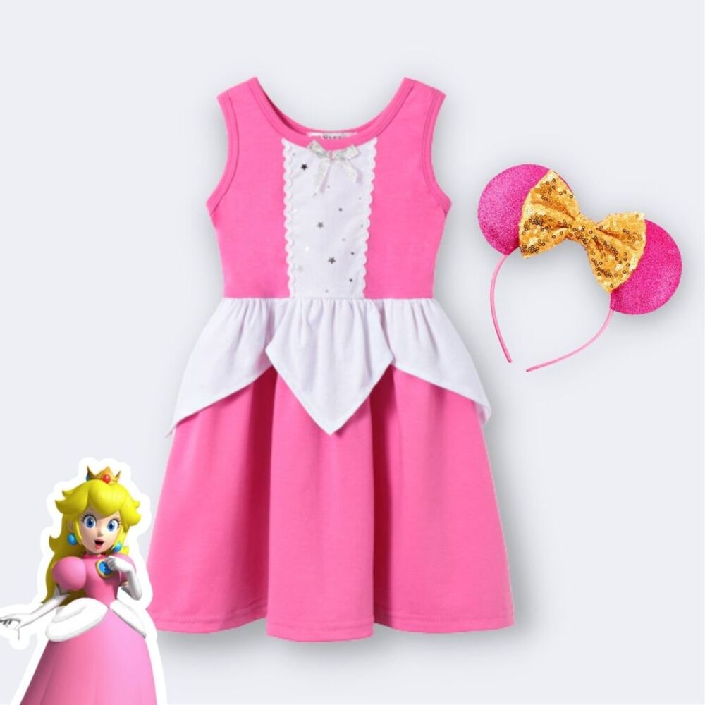 Vestido de Niña Princesa Peach + Vincha Rosado Talla 4 Años Vestido de Niña Princesa Peach + Vincha Rosado Talla 4 Años