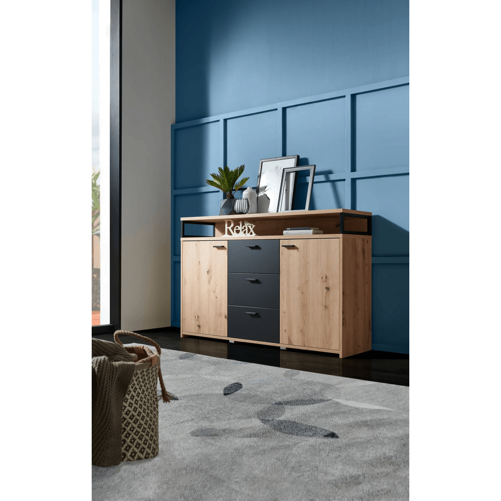 Aparador Multiusos Omega color Duna/Negro 2 puertas 3 cajones TU MESITA Aparador Multiusos Omega color Duna/Negro 2 puertas 3 cajones TU MESITA