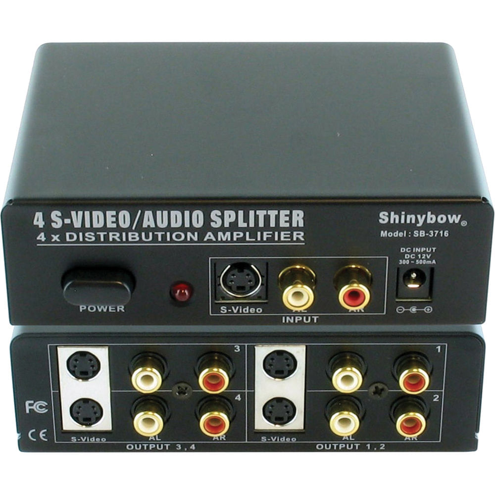 Amplificador de Distribución de Video y Audio Shinybow SB-3716 1 x 4 con Conectores Mini-DIN-4 y RCA 872182-REG Amplificador de Distribución de Video y Audio Shinybow SB-3716 1 x 4 con Conectores Mini-DIN-4 y RCA 872182-REG