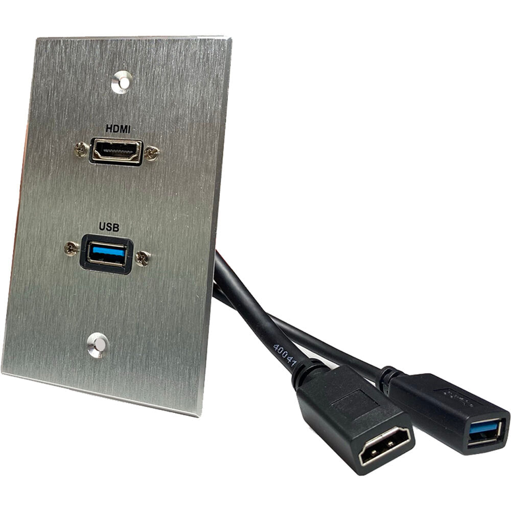 Placa de Pared de Aluminio Anodizado Cepillado con Passthru HDMI y USB 3.0 Tipo-A, Cables Pigtail en 1620099-REG Placa de Pared de Aluminio Anodizado Cepillado con Passthru HDMI y USB 3.0 Tipo-A, Cables Pigtail en 1620099-REG
