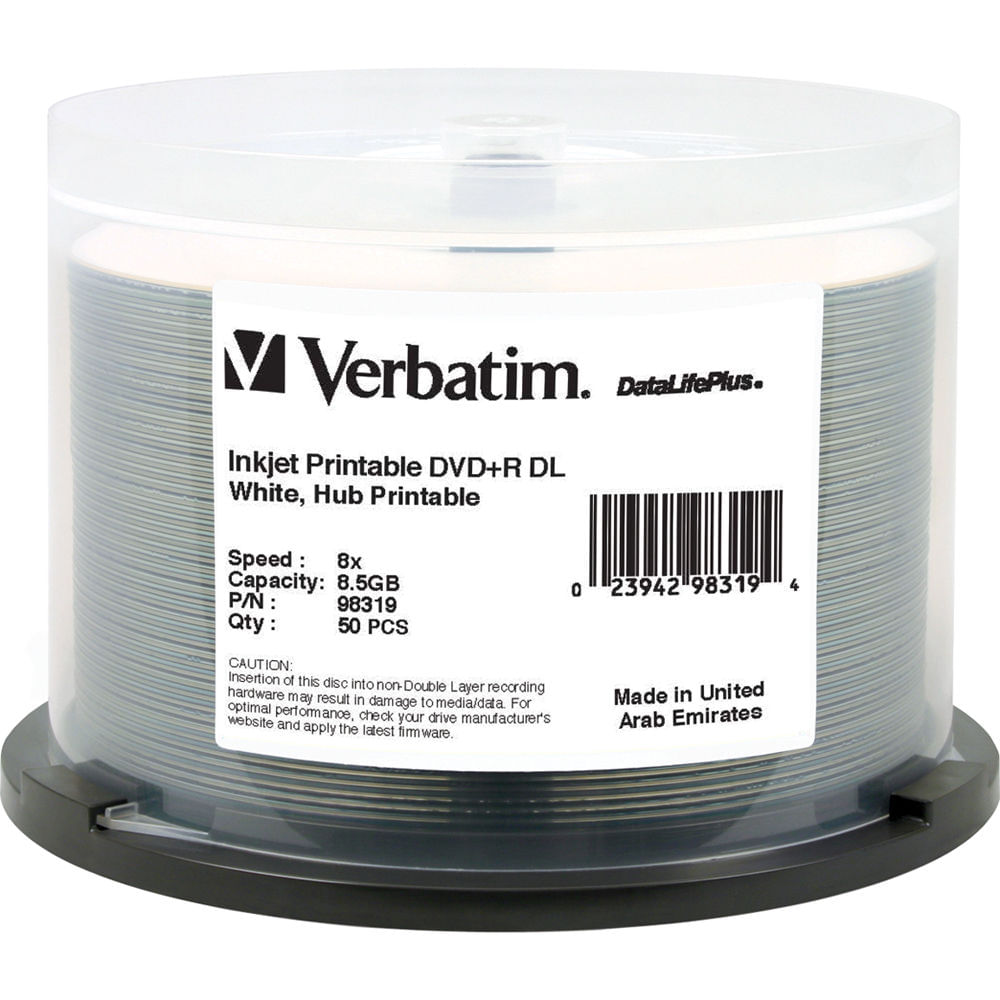 DVD+R DL Verbatim 8.5GB 8x DataLifePlus Inkjet Printable (50-Pack) - Capacidad Doble Capa, Velocidad 994692-REG DVD+R DL Verbatim 8.5GB 8x DataLifePlus Inkjet Printable (50-Pack) - Capacidad Doble Capa, Velocidad 994692-REG