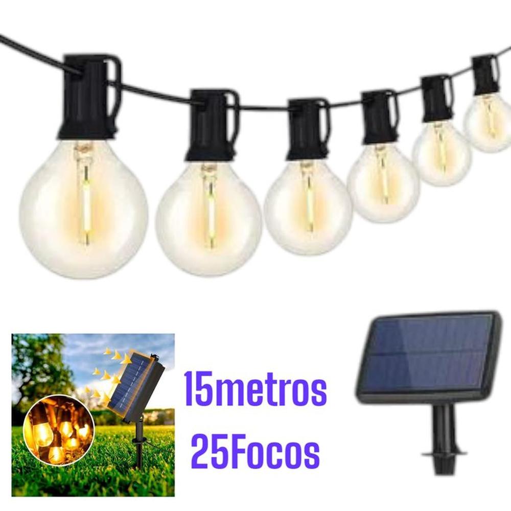 Luces Guirnalda Foco Vintage Con Panel Solar Y Corriente 15m 25Focos