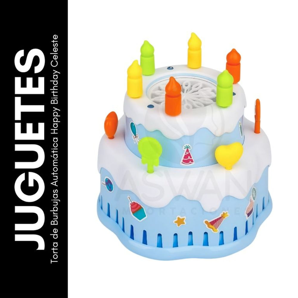 Torta de Burbujas Automática Happy Birthday Celeste Negro Torta de Burbujas Automática Happy Birthday Celeste Negro