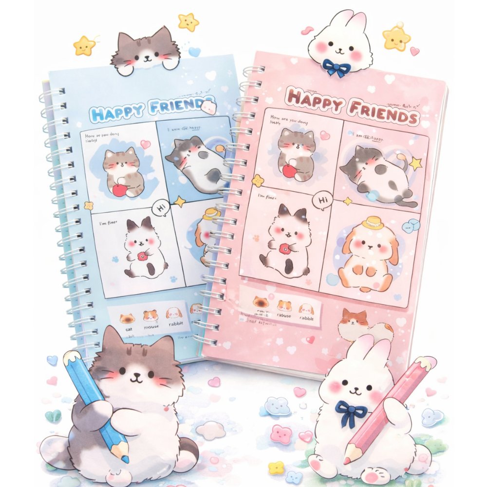 Cuaderno kawaii A5 Happy Friends Pack x2 celeste y crema Cuaderno kawaii A5 Happy Friends Pack x2 celeste y crema