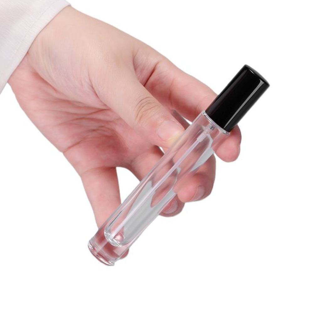 ATOMIZADOR 10ML GENERICO VIDRIO TRANSPARENTE TAPA NEGRO - APLICADOR