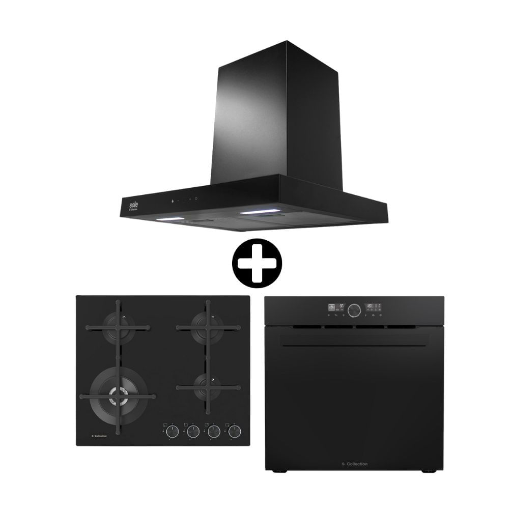 COMBO Encimera 60cm Pureblack a Gas Smart + Campana Extractora 60cm Glasslux + Horno Eléctrico 75L Pure Black D1 Air Fryer