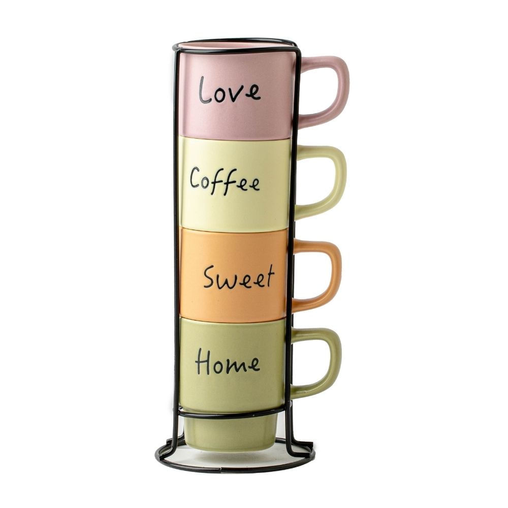 Tazas 4 piezas Color con rack 160ml Life Art