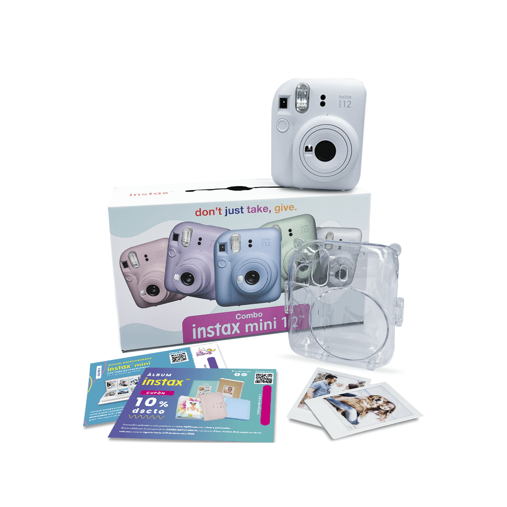 Cámara Instax Fujifilm Mini12 Arcilla Blanca Pack10 Estuche II Cupón