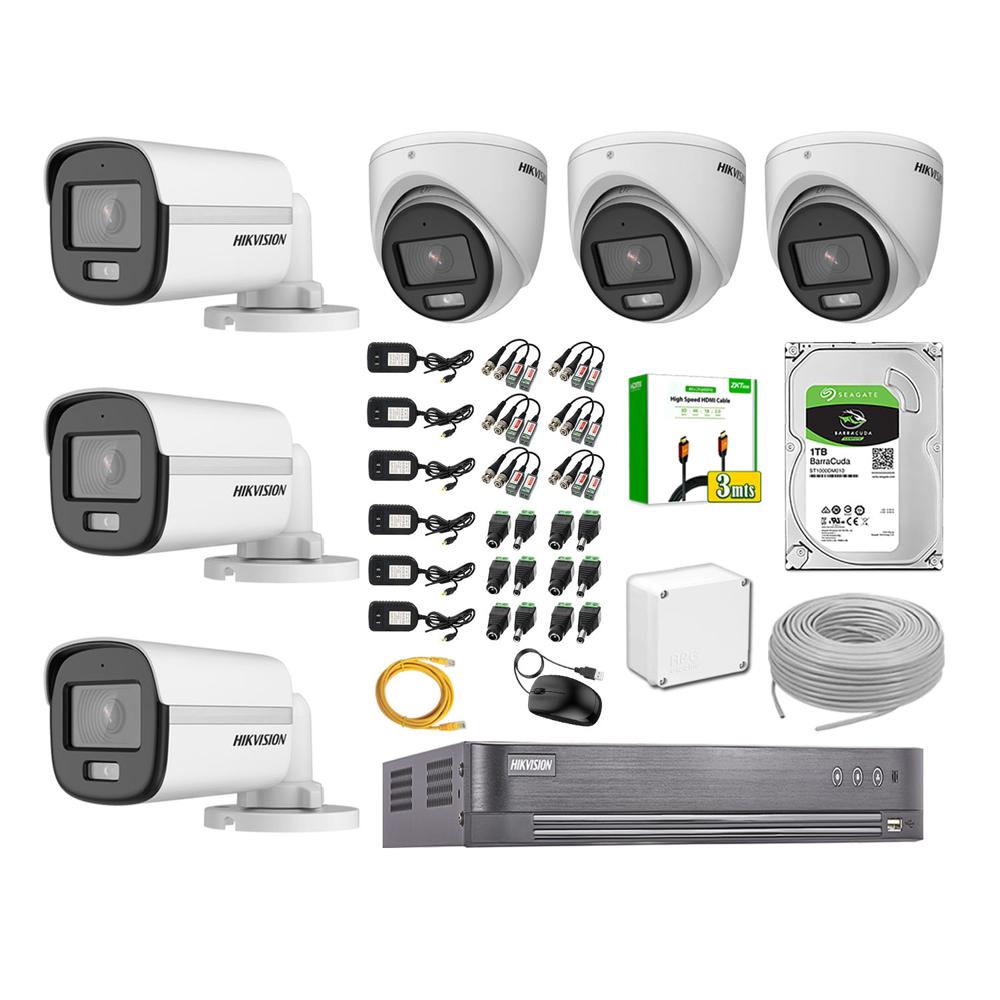 Kit 6 Cámaras Hikvision 5MP 3K Noche Color Vu Audio Incorporado Disco 1TB HDMI 3M