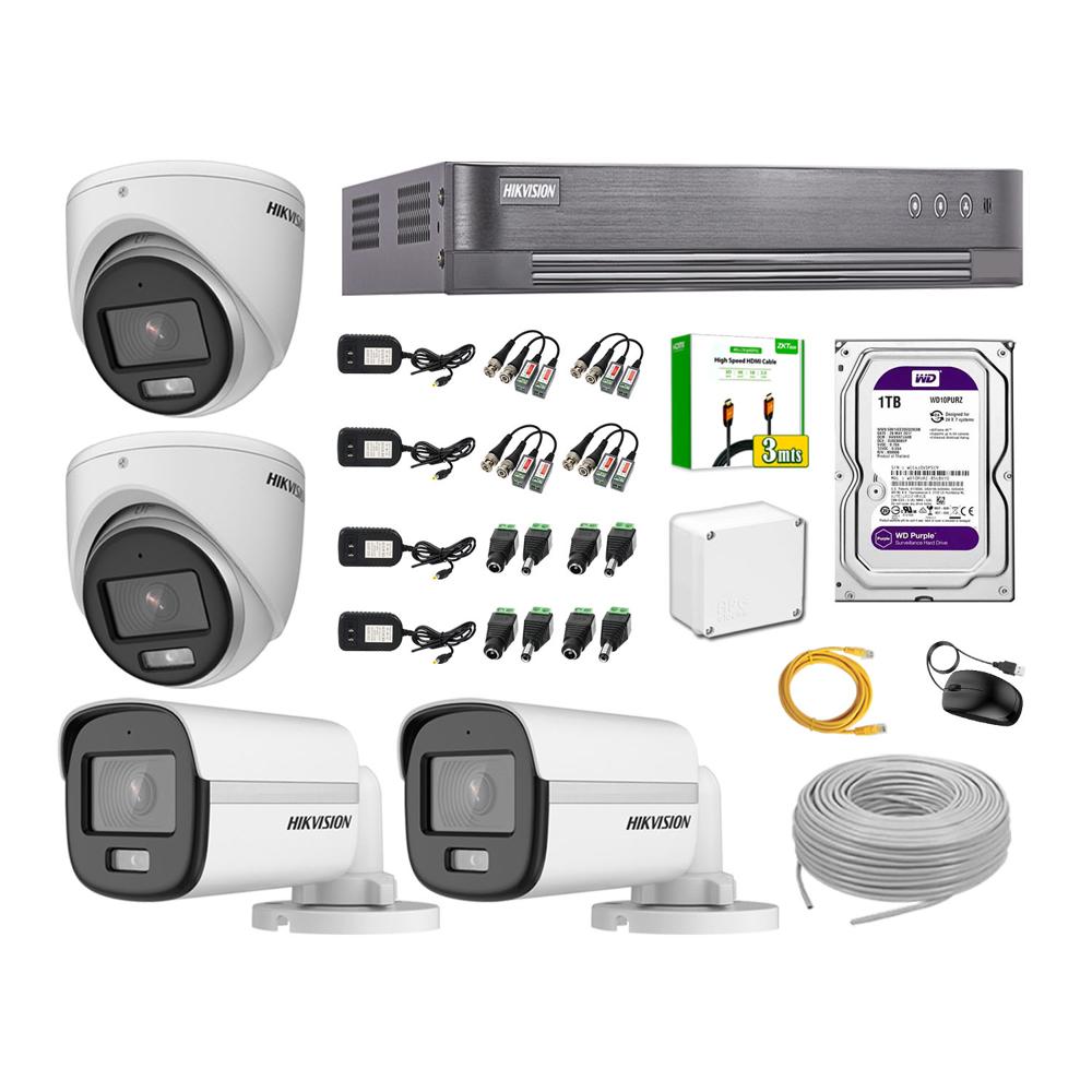 Kit de 4 Cámaras Hikvision Full Hd Noche Color Vu Audio Incorporado HDMI 3M Disco 1TB WD