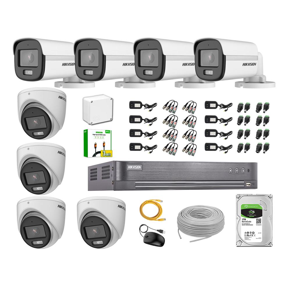 Kit 8 Cámaras Hikvision 5MP 3K Noche Color Vu Audio Incorporado Disco 1TB HDMI 3M
