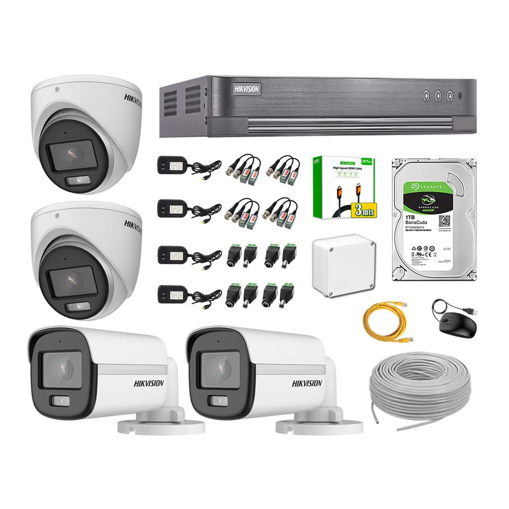 Kit de 4 Cámaras Hikvision Full Hd Noche Color Vu Audio Incorporado Disco 1TB HDMI 3M