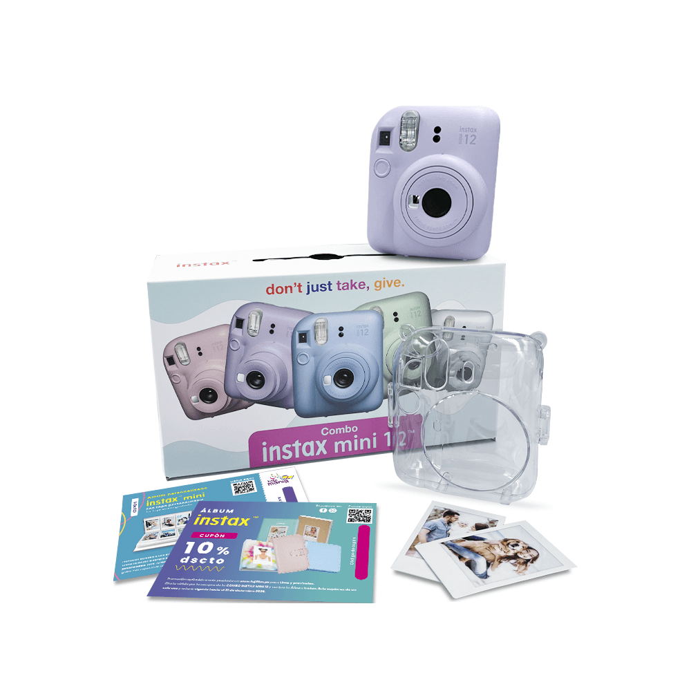 Cámara Instax Fujifilm Mini12 Lila Morado Pack10 Estuche II Cupón