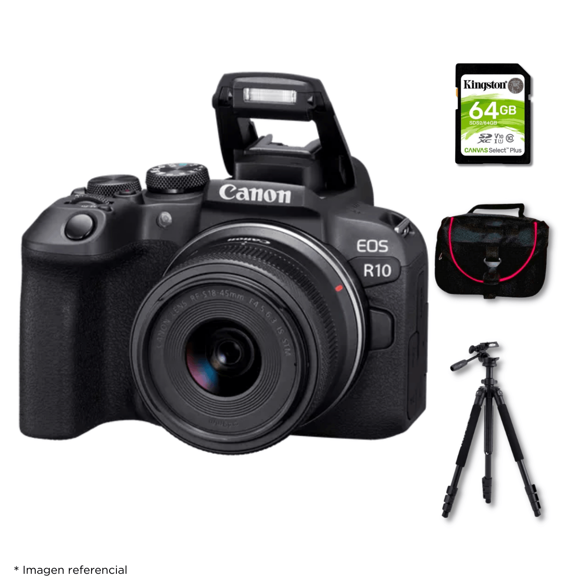 Cámara Canon EOS R10 y Lente RF-S 18-45mm y Kit Deluxe de Accesorios