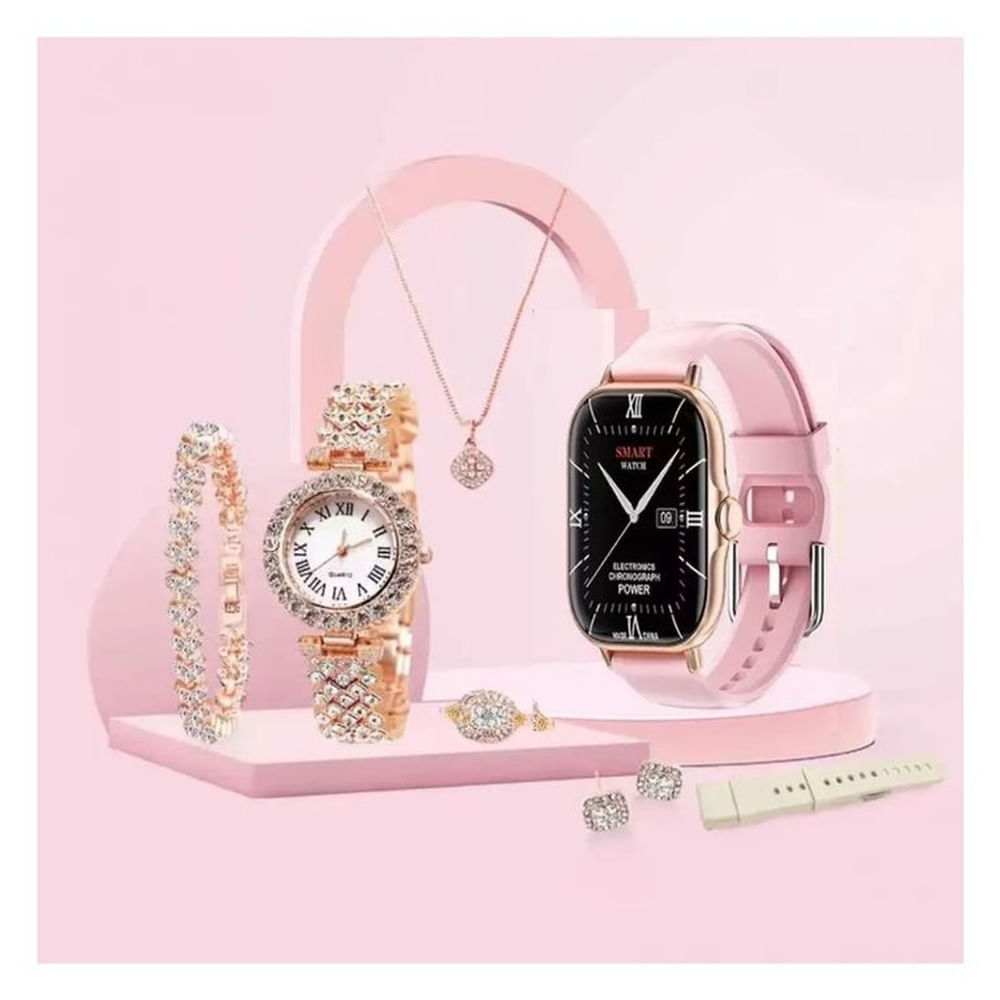 Smartwatch A58 PLUS con accesorios dorados 7 en 1 para mujer Rosado