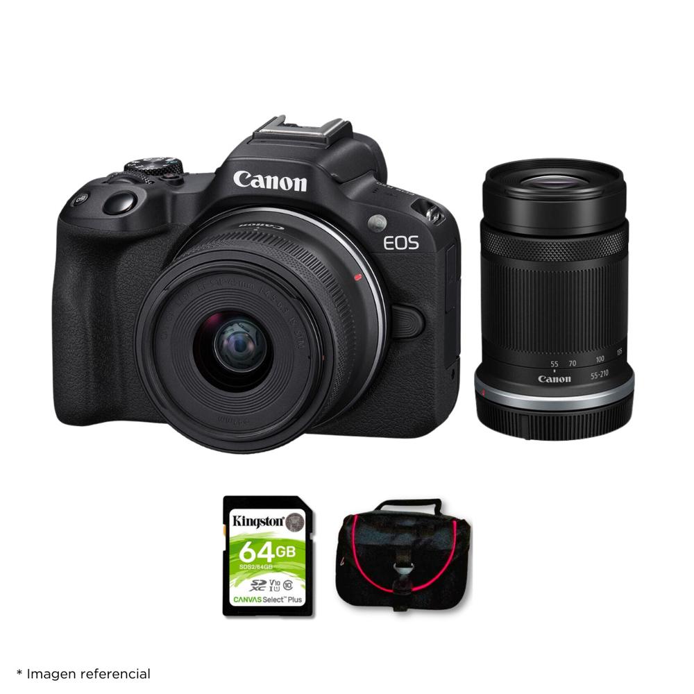 Cámara Mirrorless EOS R50 con Lente RF S 18-45mm y 55-210mm y Kit Básico