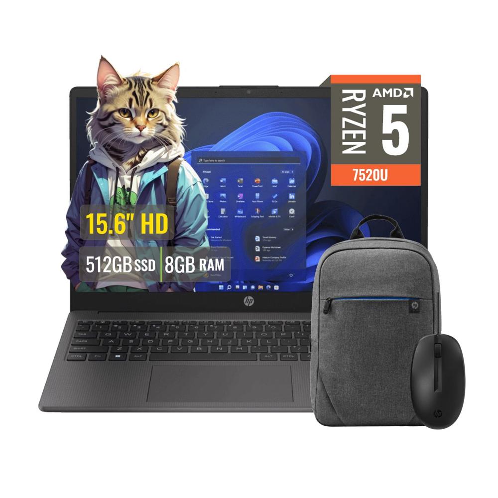Laptop HP 255 G10 AMD Ryzen 5 8GB RAM 512GB SSD Windows 11 Pro 15.6 HD + Mochila y Mouse HP A12HBLT