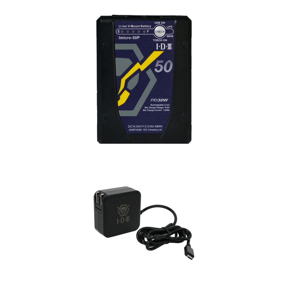 Batería IDX System Technology Imicro-50P 49Wh con Cargador Rápido UC-PD1 (Mini V-Mount) - Batería de 1793384-REG Batería IDX System Technology Imicro-50P 49Wh con Cargador Rápido UC-PD1 (Mini V-Mount) - Batería de 1793384-REG
