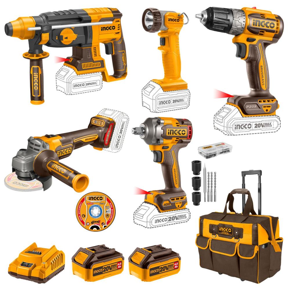 Taladro + Llave de impacto + Amoladora + Rotomartillo + Linterna Ingco CKLI2058 Taladro - Llave de impacto - Amoladora - Rotomartillo - Linterna Ingco CKLI2058 Taladro + Llave de impacto + Amoladora + Rotomartillo + Linterna Ingco CKLI2058 Taladro - Llave de impacto - Amoladora - Rotomartillo - Linterna Ingco CKLI2058