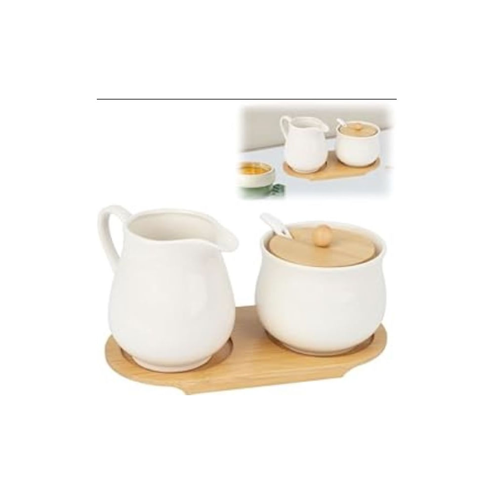 Juego de Azucarero y Jarra de Leche con Base de Bambu