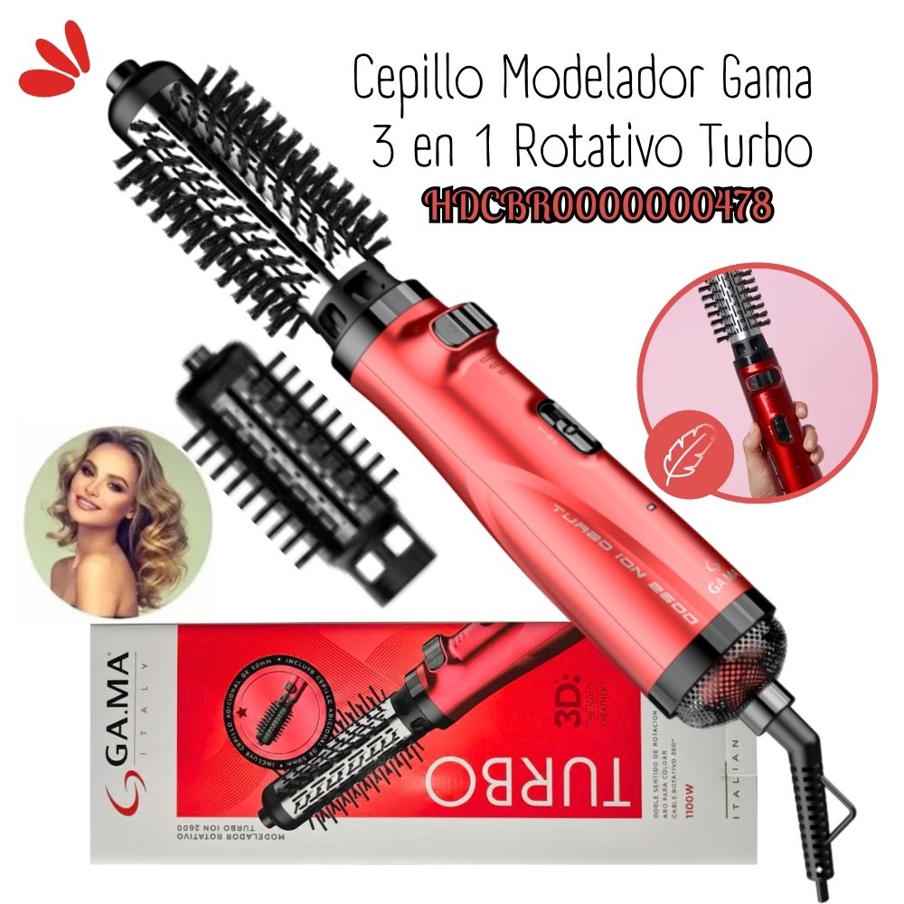 Cepillo Secador Modelador Gama 3 en 1 Rotativo Turbo - ROJO