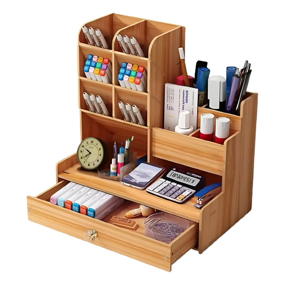 Organizador de Escritorio Oficina Porta Lapiceros de Madera Con Cajón