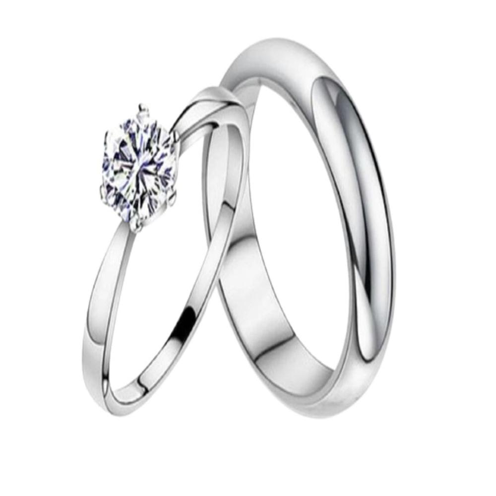 Anillos de Matrimonio Solitario Love Bañado Oro Blanco 18K Genieka